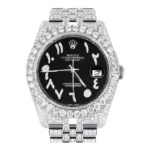 Iced Out Rolex Datejust 36 MM Stainless Steel 10 Carats of Diamonds Black Arabic Diamond Dial Jubilee Band Replica
