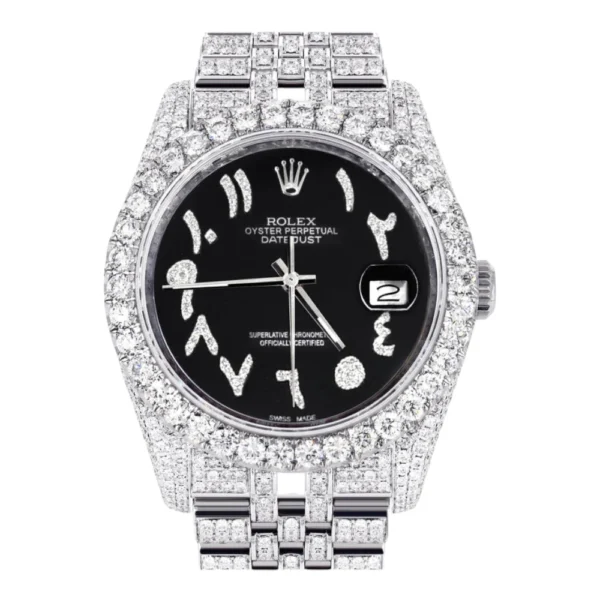 Iced Out Rolex Datejust 36 MM Stainless Steel 10 Carats of Diamonds Black Arabic Diamond Dial Jubilee Band Replica