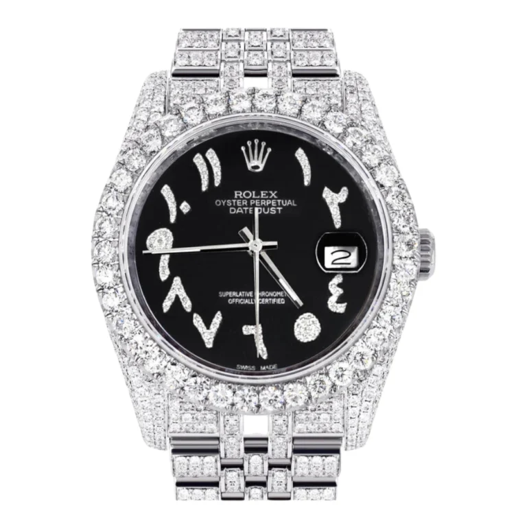 Iced Out Rolex Datejust 36 MM Stainless Steel 10 Carats of Diamonds Black Arabic Diamond Dial Jubilee Band Replica