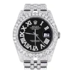 Iced Out Rolex Datejust 36 MM Stainless Steel 10 Carats of Diamonds Black Roman Diamond Dial Jubilee Band Replica
