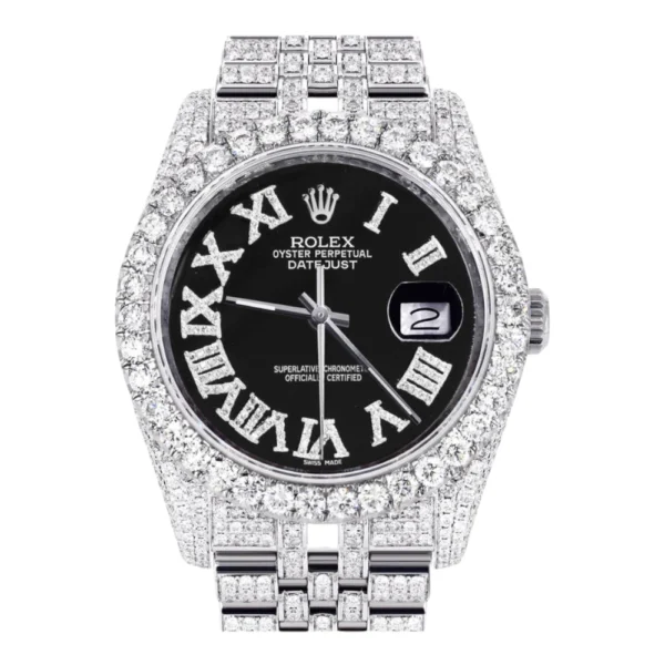 Iced Out Rolex Datejust 36 MM Stainless Steel 10 Carats of Diamonds Black Roman Diamond Dial Jubilee Band Replica
