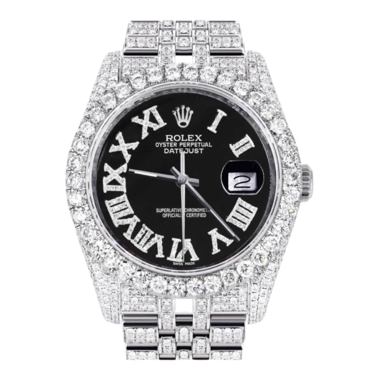 Iced Out Rolex Datejust 36 MM Stainless Steel 10 Carats of Diamonds Black Roman Diamond Dial Jubilee Band Replica