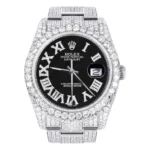 Iced Out Rolex Datejust 36 MM Stainless Steel 10 Carats of Diamonds Black Roman Diamond Dial Oyster Band Replica