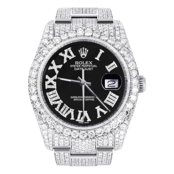 Iced Out Rolex Datejust 36 MM Stainless Steel 10 Carats of Diamonds Black Roman Diamond Dial Oyster Band Replica
