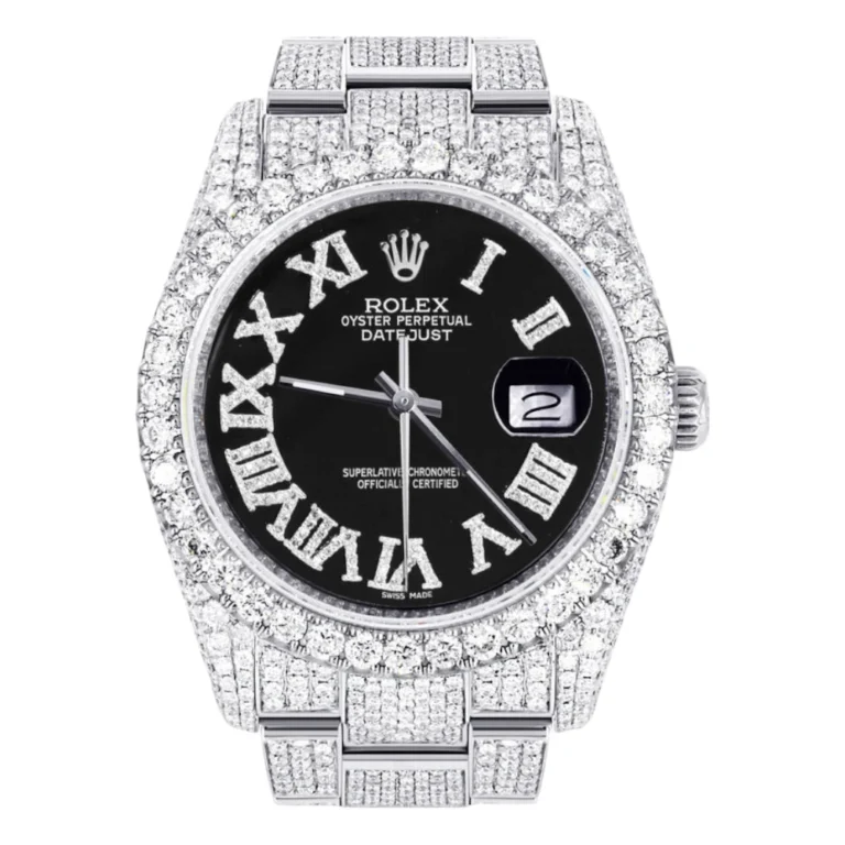 Iced Out Rolex Datejust 36 MM Stainless Steel 10 Carats of Diamonds Black Roman Diamond Dial Oyster Band Replica