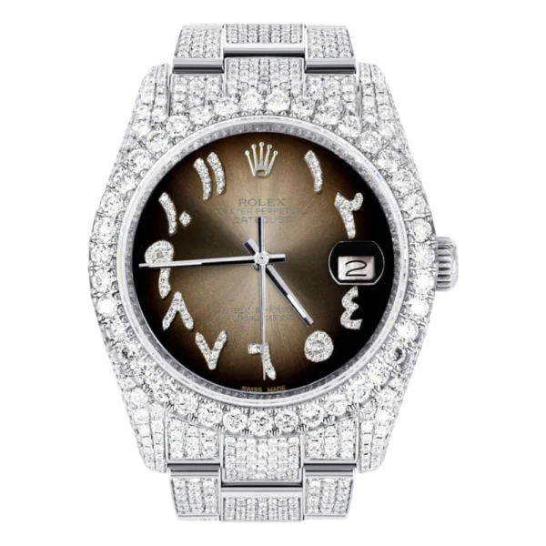 Iced Out Rolex Datejust 36 MM Stainless Steel 10 Carats of Diamonds Brown Arabic Diamond Dial Oyster Band Replica