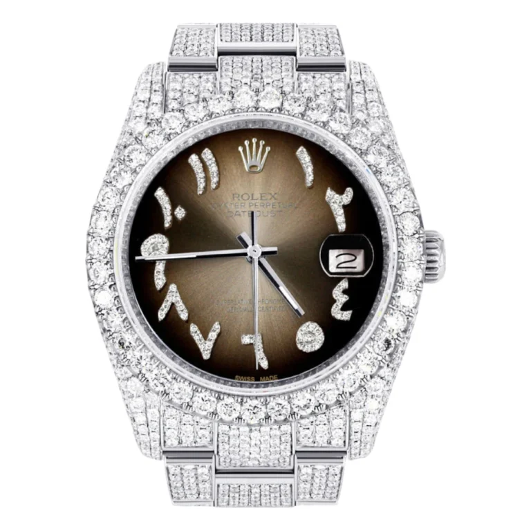 Iced Out Rolex Datejust 36 MM Stainless Steel 10 Carats of Diamonds Brown Arabic Diamond Dial Oyster Band Replica