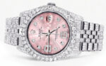 Iced Out Rolex Datejust 36 MM Stainless Steel 10 Carats of Diamonds Floral Pink Roman Diamond Dial Jubilee Band Replica