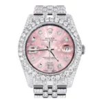 Iced Out Rolex Datejust 36 MM Stainless Steel 10 Carats of Diamonds Floral Pink Roman Diamond Dial Jubilee Band Replica