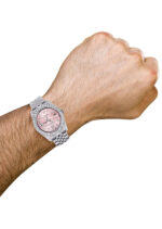 Iced Out Rolex Datejust 36 MM Stainless Steel 10 Carats of Diamonds Floral Pink Roman Diamond Dial Jubilee Band Replica