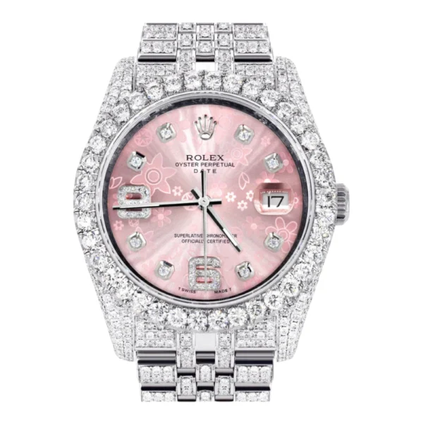 Iced Out Rolex Datejust 36 MM Stainless Steel 10 Carats of Diamonds Floral Pink Roman Diamond Dial Jubilee Band Replica