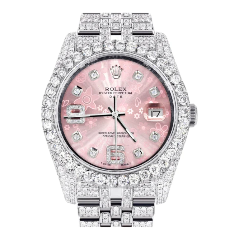 Iced Out Rolex Datejust 36 MM Stainless Steel 10 Carats of Diamonds Floral Pink Roman Diamond Dial Jubilee Band Replica