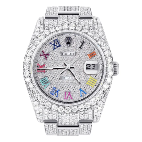 Iced Out Rolex Datejust 36 MM Stainless Steel 10 Carats of Diamonds Full Diamond Color Roman Diamond Dial Oyster Band Replica