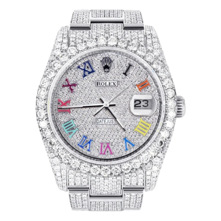 Iced Out Rolex Datejust 36 MM Stainless Steel 10 Carats of Diamonds Full Diamond Color Roman Diamond Dial Oyster Band Replica