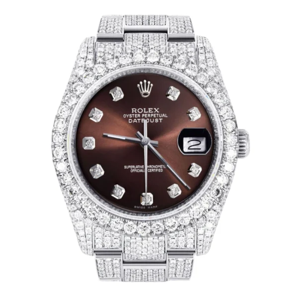 Iced Out Rolex Datejust 36 MM Stainless Steel 16.5 Carats of Diamonds Chocolate Diamond Dial Oyster Band Replica
