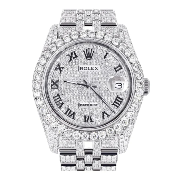 Iced Out Rolex Datejust 36 MM Stainless Steel 16.5 Carats of Diamonds Full Diamond Roman Diamond Dial Replica