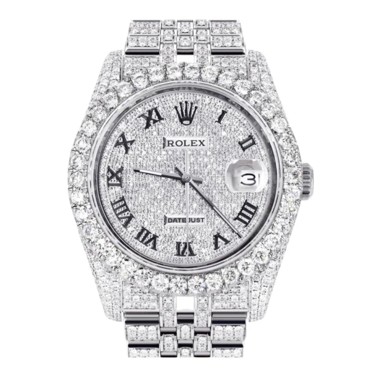 Iced Out Rolex Datejust 36 MM Stainless Steel 16.5 Carats of Diamonds Full Diamond Roman Diamond Dial Replica