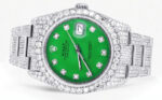 Iced Out Rolex Datejust 36 MM Stainless Steel 16.5 Carats of Diamonds Green Diamond Dial Oyster Band Replica