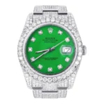 Iced Out Rolex Datejust 36 MM Stainless Steel 16.5 Carats of Diamonds Green Diamond Dial Oyster Band Replica