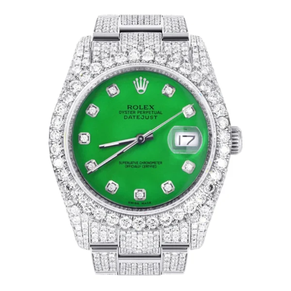 Iced Out Rolex Datejust 36 MM Stainless Steel 16.5 Carats of Diamonds Green Diamond Dial Oyster Band Replica