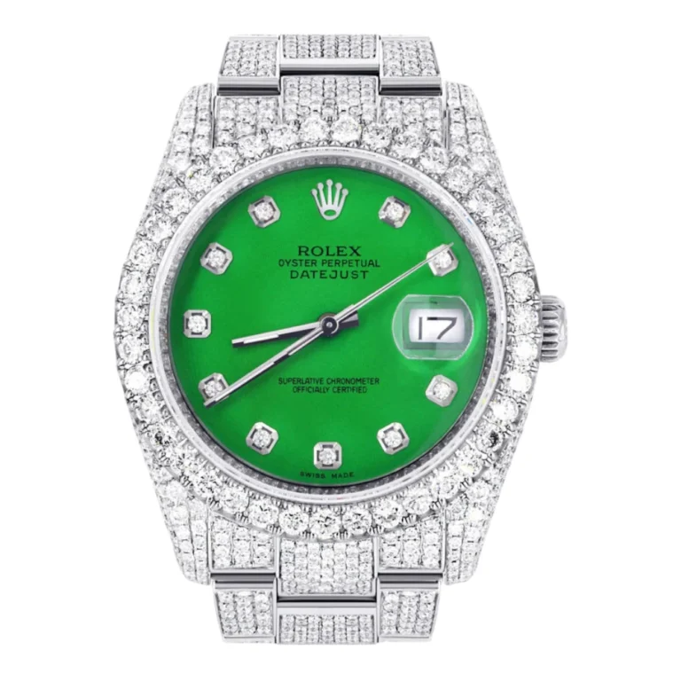 Iced Out Rolex Datejust 36 MM Stainless Steel 16.5 Carats of Diamonds Green Diamond Dial Oyster Band Replica