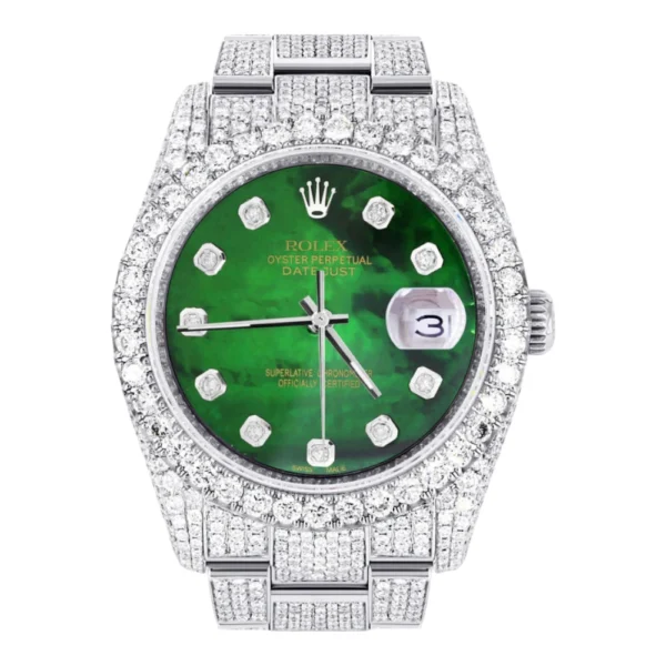 Iced Out Rolex Datejust 36 MM Stainless Steel 16.5 Carats of Diamonds Green Mother of Pearl Diamond Dial Oyster Band Replica