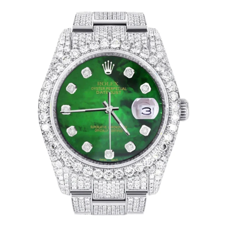 Iced Out Rolex Datejust 36 MM Stainless Steel 16.5 Carats of Diamonds Green Mother of Pearl Diamond Dial Oyster Band Replica
