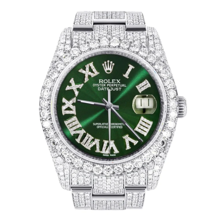 Iced Out Rolex Datejust 36 MM Stainless Steel 16.5 Carats of Diamonds Green Roman Diamond Dial Replica