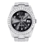 Iced Out Rolex Datejust 36 MM Stainless Steel 16.5 Carats of Diamonds Jet Black Diamond Dial Oyster Band Replica