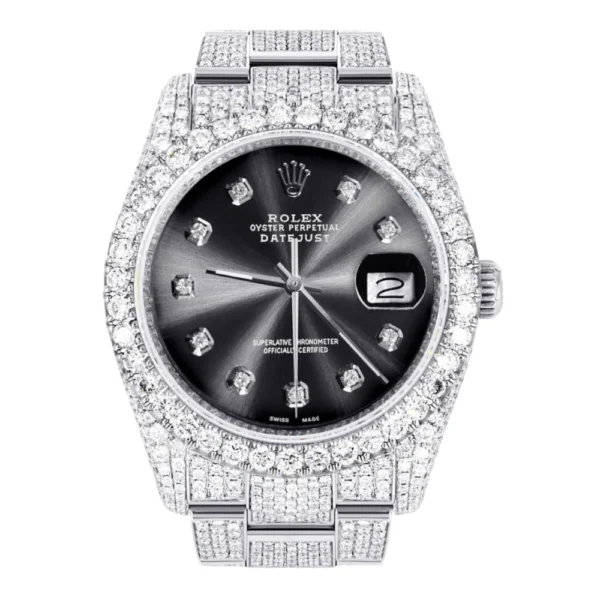 Iced Out Rolex Datejust 36 MM Stainless Steel 16.5 Carats of Diamonds Jet Black Diamond Dial Oyster Band Replica