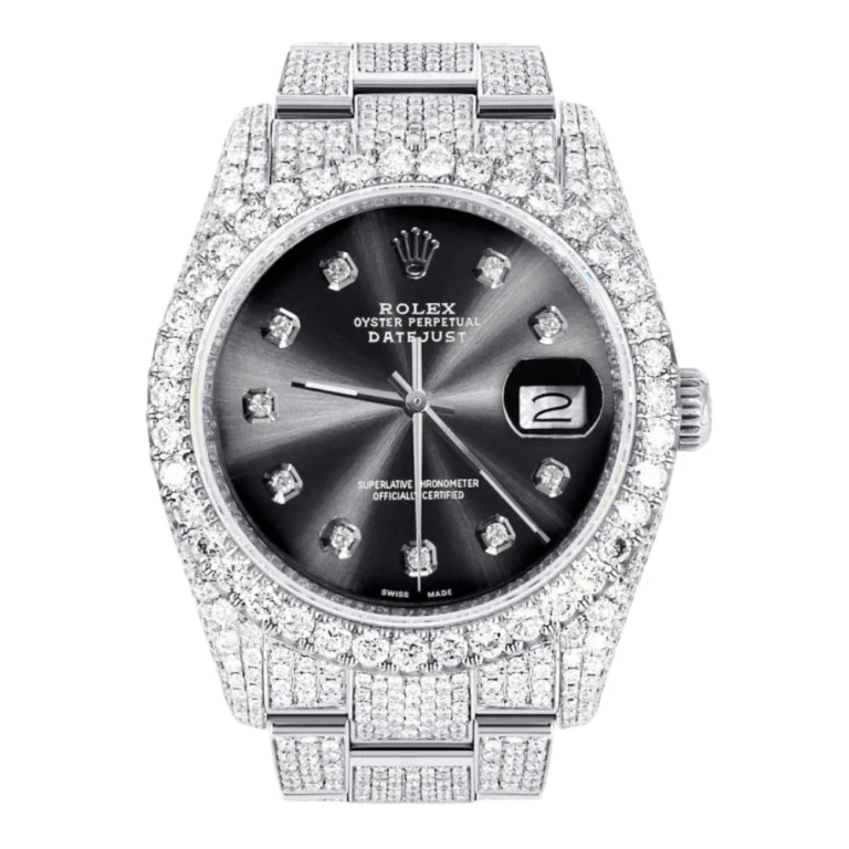 Iced Out Rolex Datejust 36 MM Stainless Steel 16.5 Carats of Diamonds Jet Black Diamond Dial Oyster Band Replica