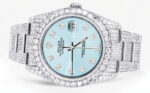 Iced Out Rolex Datejust 36 MM Stainless Steel 16.5 Carats of Diamonds Light Blue Diamond Dial Oyster Band Replica