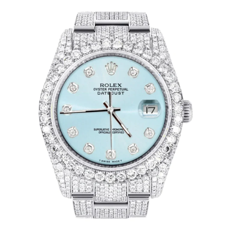 Iced Out Rolex Datejust 36 MM Stainless Steel 16.5 Carats of Diamonds Light Blue Diamond Dial Oyster Band Replica
