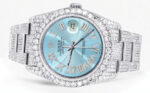 Iced Out Rolex Datejust 36 MM Stainless Steel 16.5 Carats of Diamonds Light Blue Roman Diamond Dial Oyster Band Replica