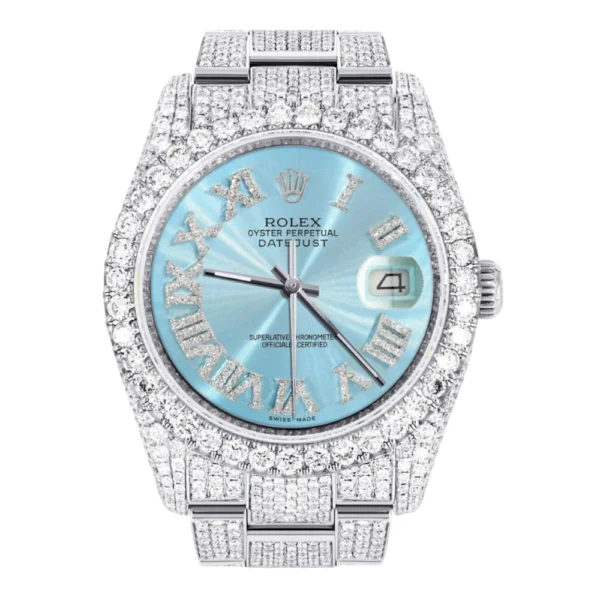 Iced Out Rolex Datejust 36 MM Stainless Steel 16.5 Carats of Diamonds Light Blue Roman Diamond Dial Oyster Band Replica