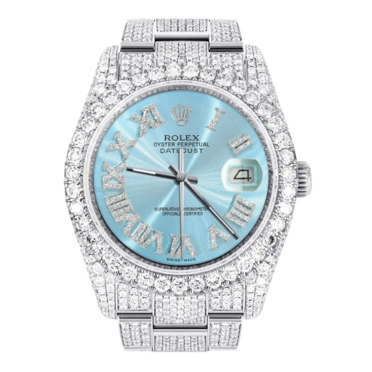 Iced Out Rolex Datejust 36 MM Stainless Steel 16.5 Carats of Diamonds Light Blue Roman Diamond Dial Oyster Band Replica