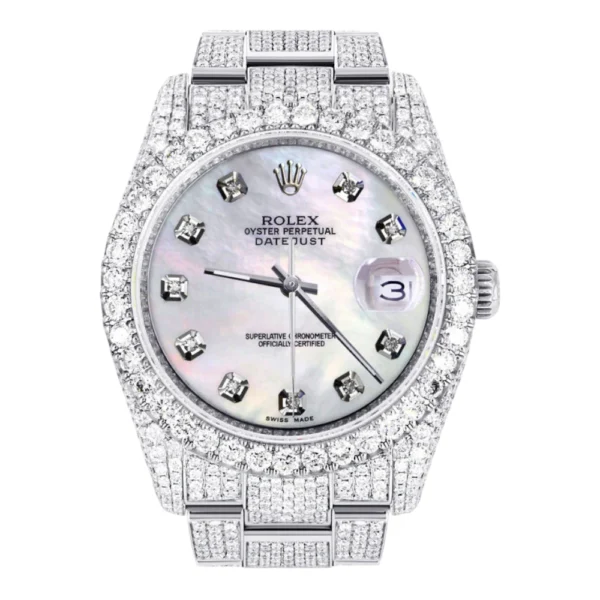 Iced Out Rolex Datejust 36 MM Stainless Steel 16.5 Carats of Diamonds Light Mother of Pearl Diamond Dial Oyster Band Replica