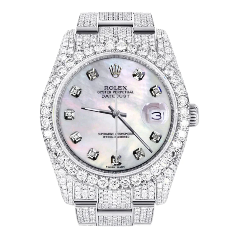 Iced Out Rolex Datejust 36 MM Stainless Steel 16.5 Carats of Diamonds Light Mother of Pearl Diamond Dial Oyster Band Replica