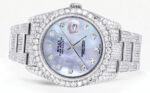 Iced Out Rolex Datejust 36 MM Stainless Steel 16.5 Carats of Diamonds Mother of Pearl Diamond Dial Oyster Band Replica