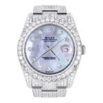 Iced Out Rolex Datejust 36 MM Stainless Steel 16.5 Carats of Diamonds Mother of Pearl Diamond Dial Oyster Band Replica