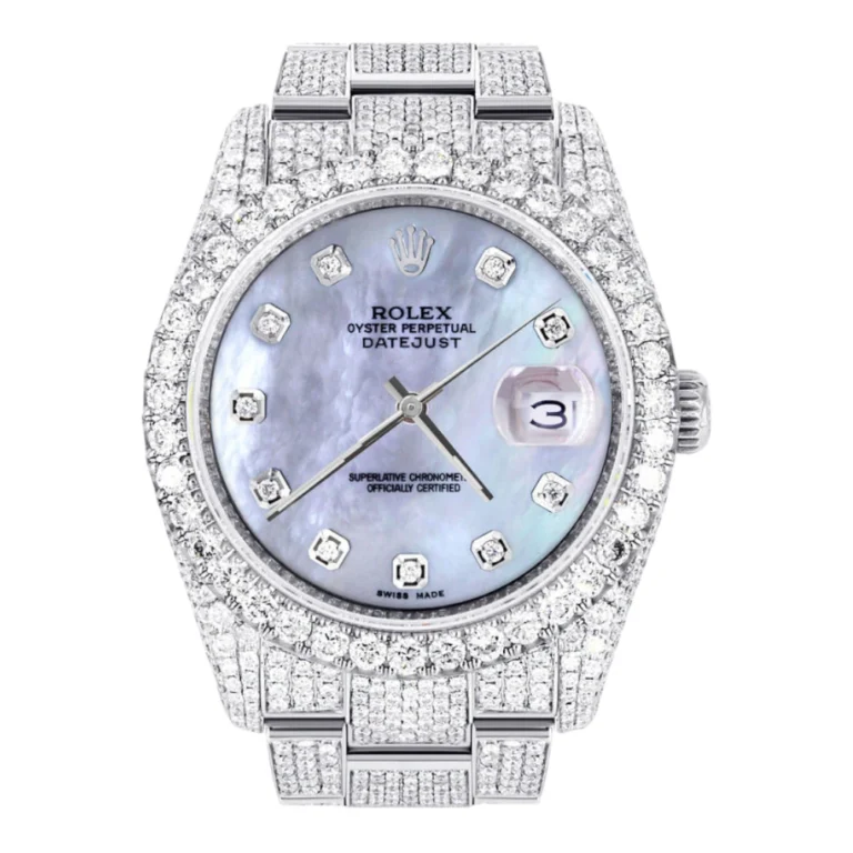 Iced Out Rolex Datejust 36 MM Stainless Steel 16.5 Carats of Diamonds Mother of Pearl Diamond Dial Oyster Band Replica