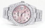 Iced Out Rolex Datejust 36 MM Stainless Steel 16.5 Carats of Diamonds Pink Flower Diamond Dial Oyster Band Replica