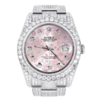 Iced Out Rolex Datejust 36 MM Stainless Steel 16.5 Carats of Diamonds Pink Flower Diamond Dial Oyster Band Replica