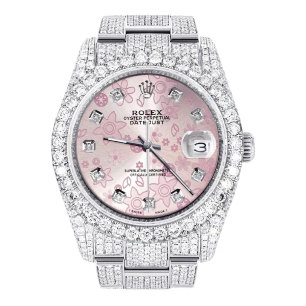 Iced Out Rolex Datejust 36 MM Stainless Steel 16.5 Carats of Diamonds Pink Flower Diamond Dial Oyster Band Replica