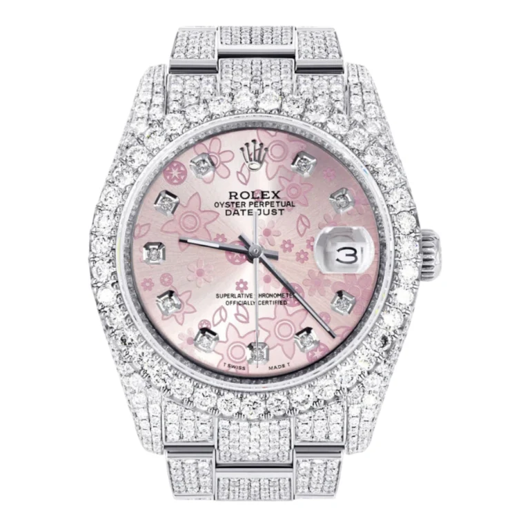 Iced Out Rolex Datejust 36 MM Stainless Steel 16.5 Carats of Diamonds Pink Flower Diamond Dial Oyster Band Replica