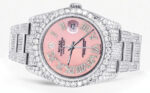 Iced Out Rolex Datejust 36 MM Stainless Steel 16.5 Carats of Diamonds Pink Roman Diamond Dial Oyster Band Replica