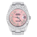 Iced Out Rolex Datejust 36 MM Stainless Steel 16.5 Carats of Diamonds Pink Roman Diamond Dial Oyster Band Replica