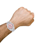Iced Out Rolex Datejust 36 MM Stainless Steel 16.5 Carats of Diamonds Pink Roman Diamond Dial Oyster Band Replica