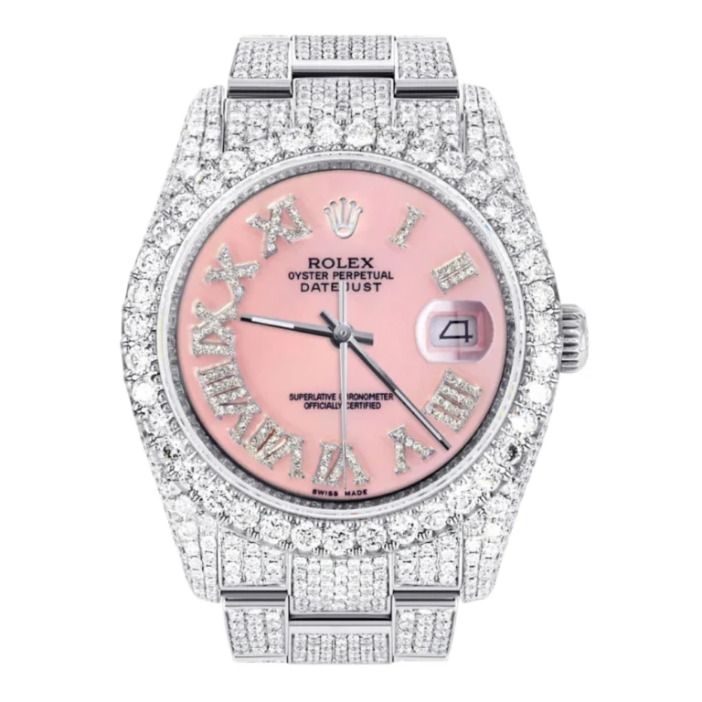 Iced Out Rolex Datejust 36 MM Stainless Steel 16.5 Carats of Diamonds Pink Roman Diamond Dial Oyster Band Replica