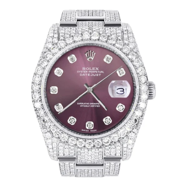 Iced Out Rolex Datejust 36 MM Stainless Steel 16.5 Carats of Diamonds Purple Diamond Dial Oyster Band Replica